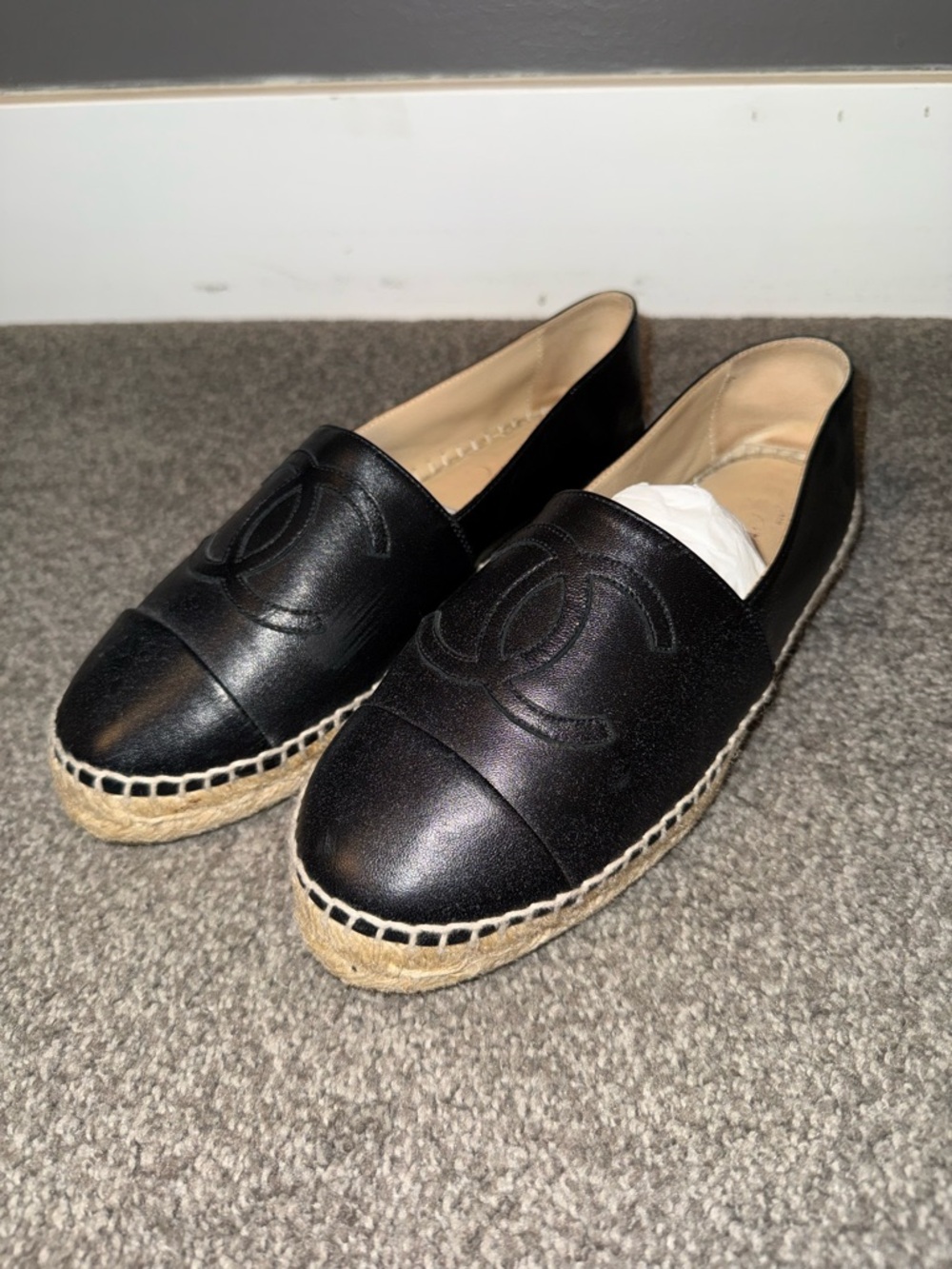 CHANEL Black Leather Espadrille Loafers with Logo